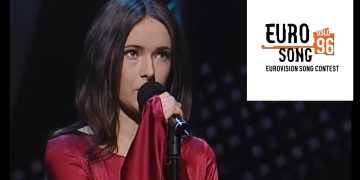 Kasia Kowalska podczas występu na Eurowizji 1996, fot.: screen YouTube/logo Eurowizji - EBU